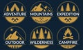 Adventure logo or badge set with mountains and forest. Outdoor expedition emblem. Camp with camfire label. Vector illustration